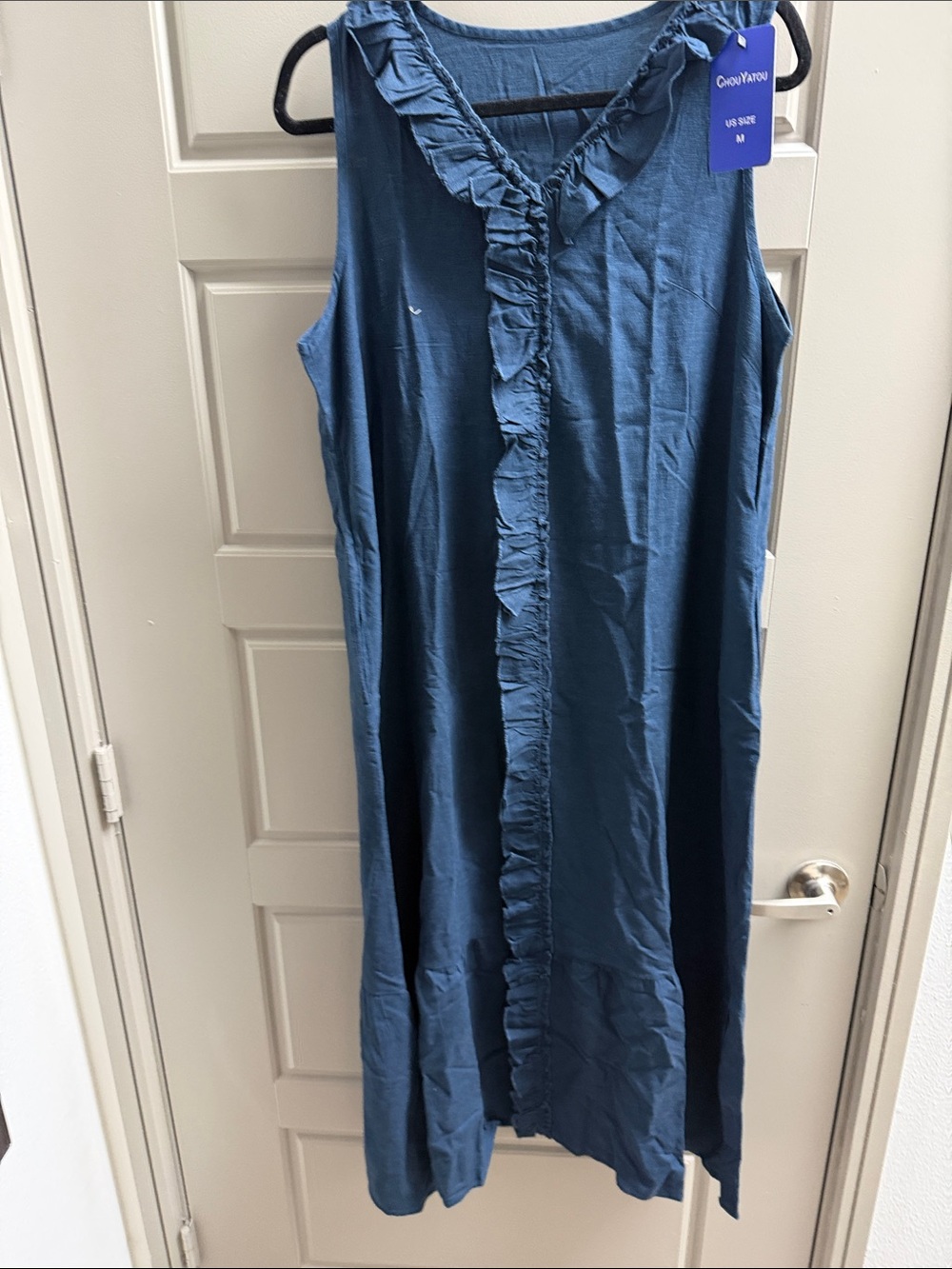 Sleeveless Ruffle-Front Maxi Dress in Teal